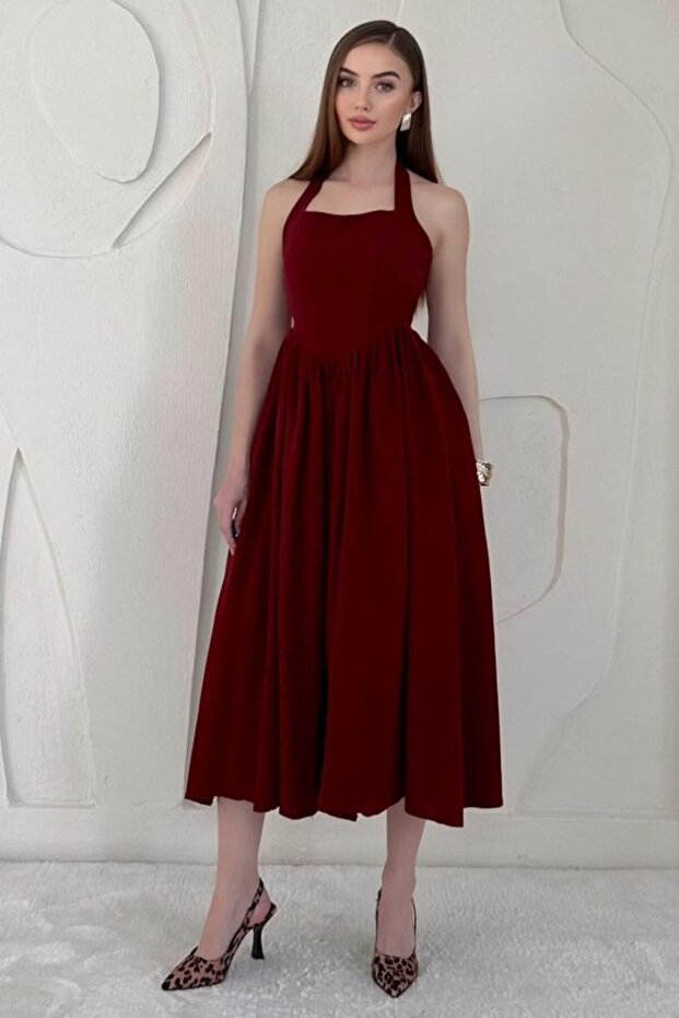 Burgundy Halter Linen Dress