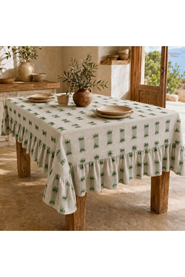 Buldan Linen Tasseled Ruffled Bohemian Tablecloth – Natural-Green