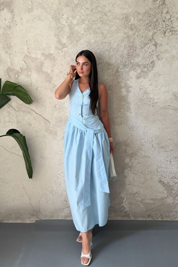 Blue Side Belted Dress with Button Detail