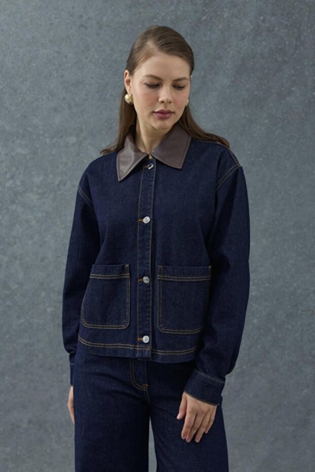 Navy Blue Leather Garni Collar Detailed Denim Jacket