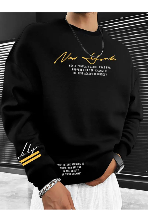 New York Text Printed Black Oversize Sweatshirt Crew Neck Long Sleeve Streetwear Casual Sweatshirt