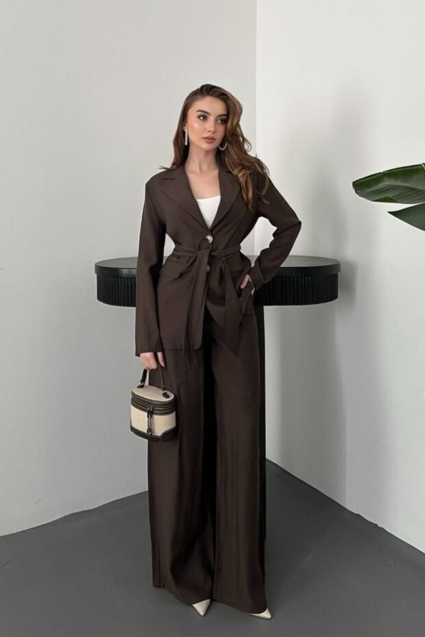 Brown Belted Jacket and Trousers Set
