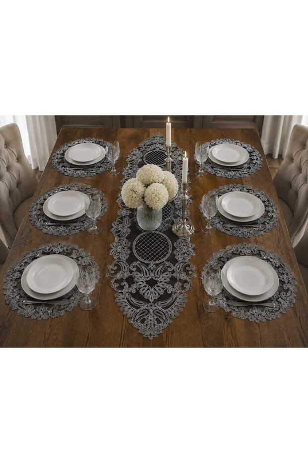Black Tulle with French Lace Runner and Supla Set for 6 People Gray