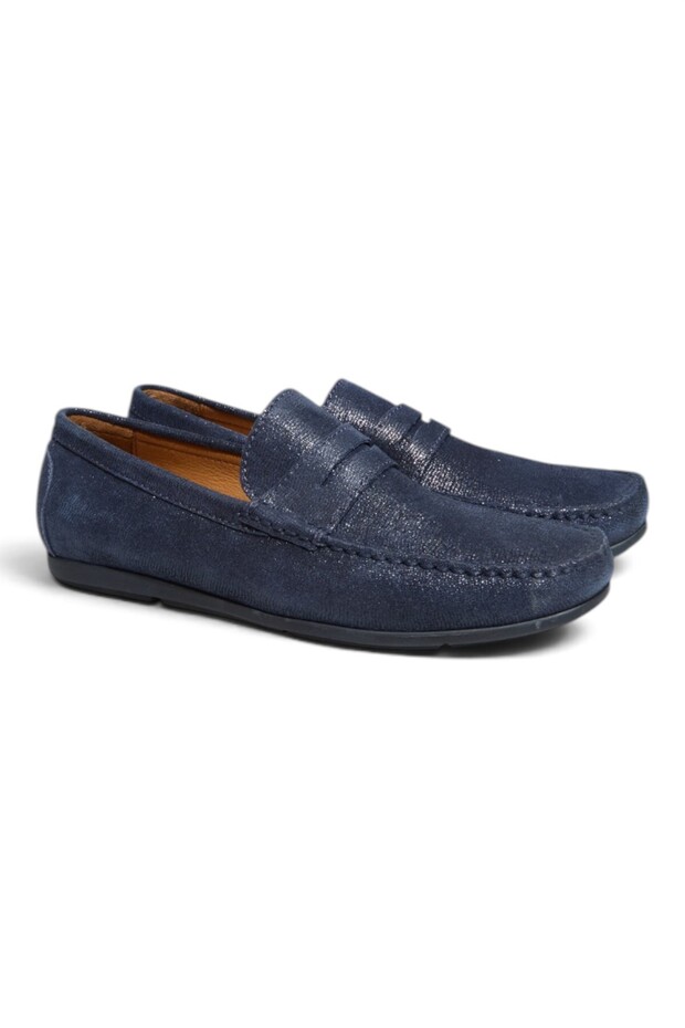 Dark Blue Color Laceless Genuine Leather Men's Shoes