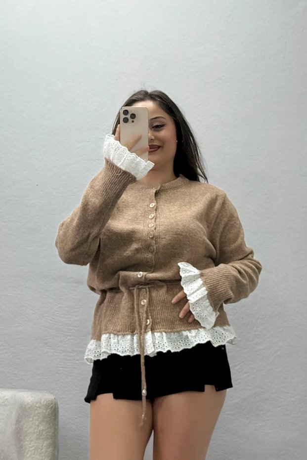 Women's Lace Detailed Knitwear Cardigan Light Brown