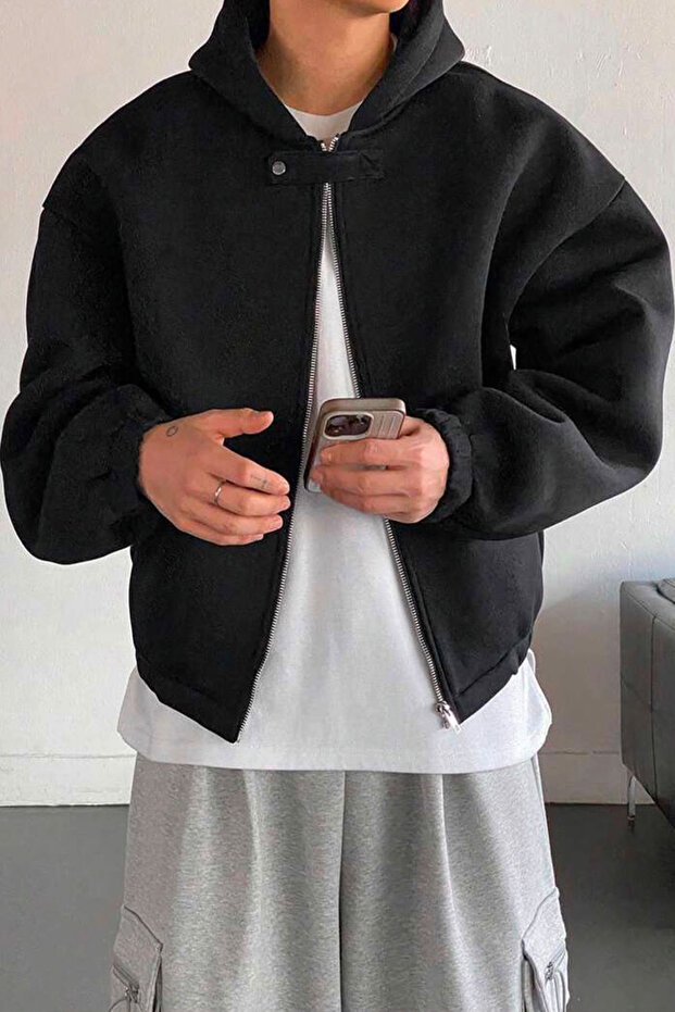 Men's Black Oversize Sweatshirt with Front Buttons and Zipper, Three Thread Ribbed Design