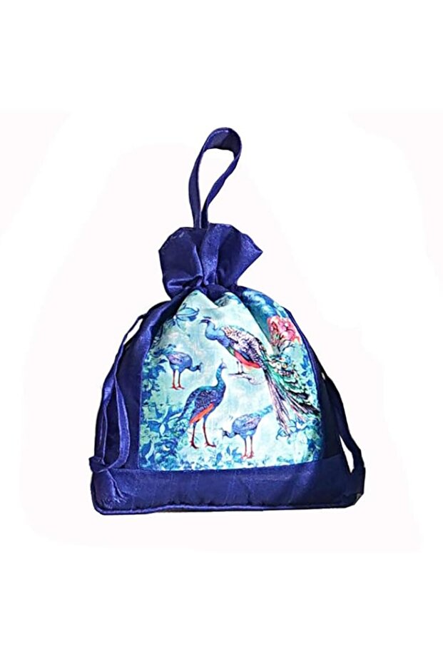 Swayam Faux Silk Draw String Closure Bag, Dark Blue, Gut09