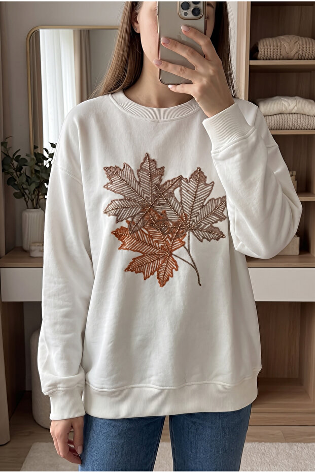 White 100% Cotton Bead Embroidered Sweatshirt with Leaf Pattern