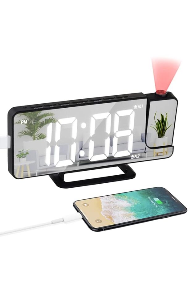 Projection Alarm Clock, LED Digital Alarm Clock Mirror Alarm Clock, Digital Clock Bedside Alarm with Light Sensing Dimming Mode, Adjustable Brightness, USB Port Battery Powered Alarm Clock