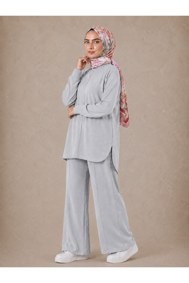 Women's Modal Fabric Ribbed Stitching and Slit Detailed Top and Bottom Set - Gray