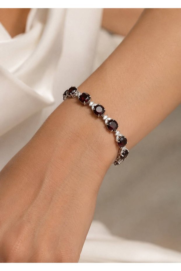 Women's Burgundy Red Stone Stylish Bracelet – Special Design with Round Cut Sparkling Stone and Elegant Leaf Detail