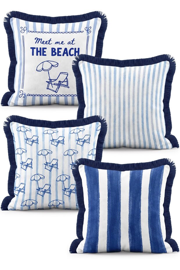 Coastal Themed Sunbed and Parasol Figured Blue Striped 4-Piece Fringed Cushion Cover Set
