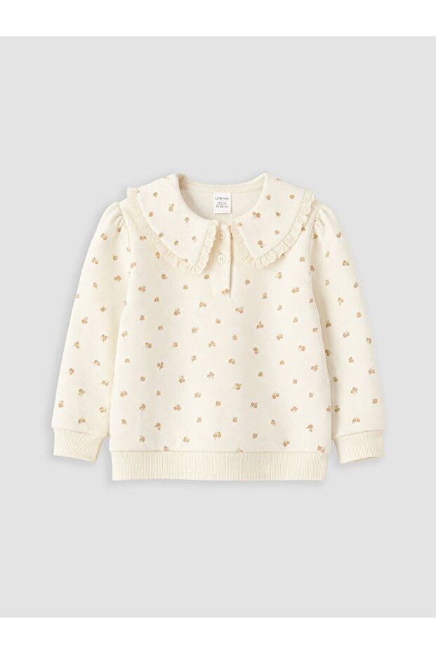Lcw Baby Ecru Polo Collar Printed Girls' Thick Sweatshirt