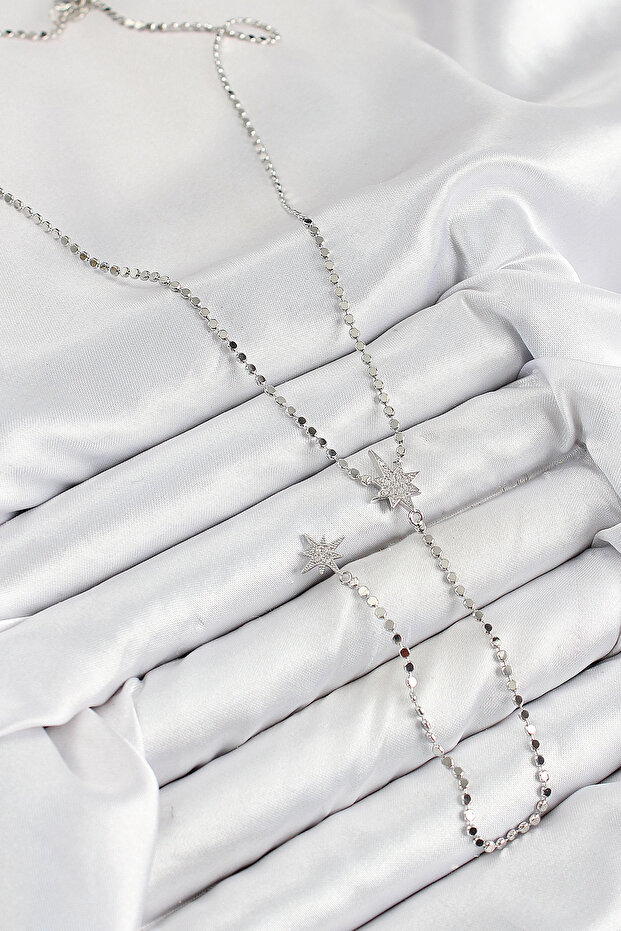 Brass Zircon Stone Crushed Chain Pole Star Model Silver Color Y Necklace