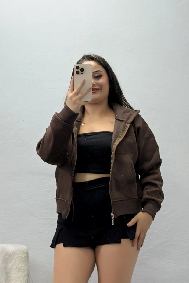 Women's 3 Thread Threaded Kangaroo Pocket Zippered Sweatshirt Brown