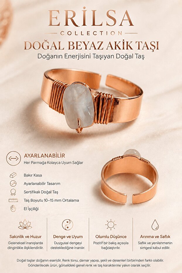 Certified White Agate Stone Copper Case Adjustable Handmade Natural Stone Ring