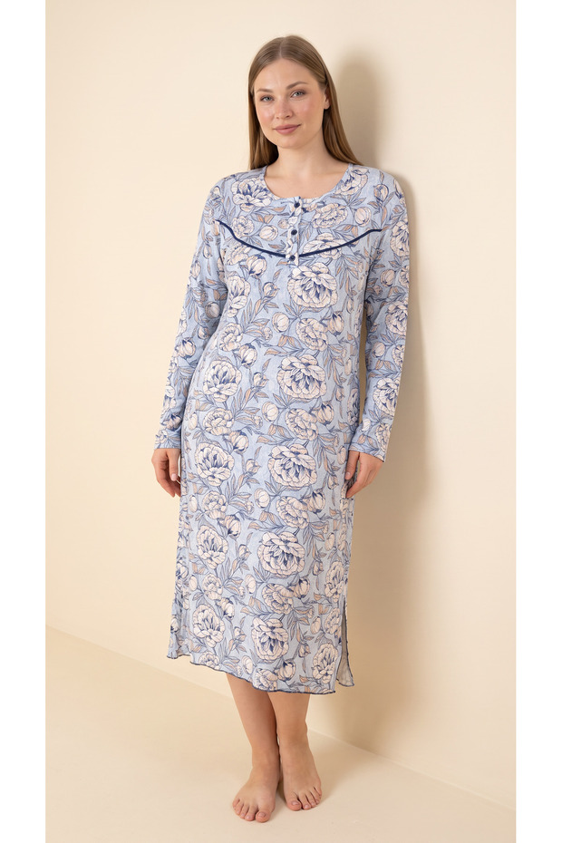Floral Patterned Viscose Half Placket Button Detailed Long Sleeve Plus Size Dress