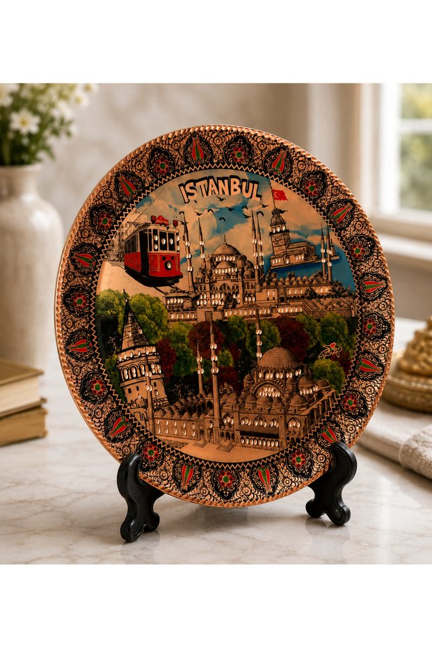 25 cm large size istanbul themed copper coffee presentation tray and decorative plate - handcrafted