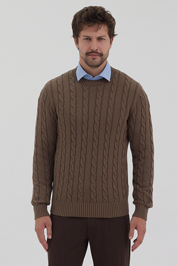 Pales Men's Dark Mink Hair Braided 100% Cotton Crew Neck Sweater