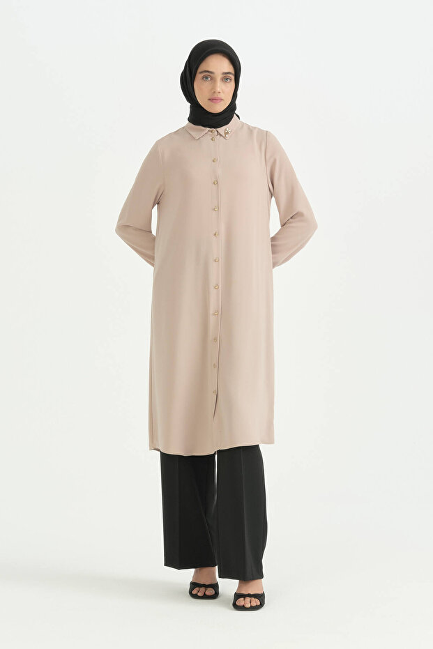 Plus Size Brooched Shirt Collar Tunic - Beige