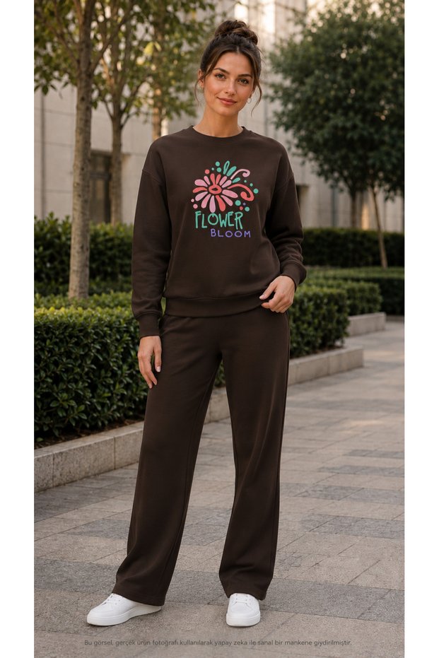 Women's Watercolor Effect Floral Print Tracksuit Set/Round Neck Sweatshirt and Sweatpants 2-Piece Set