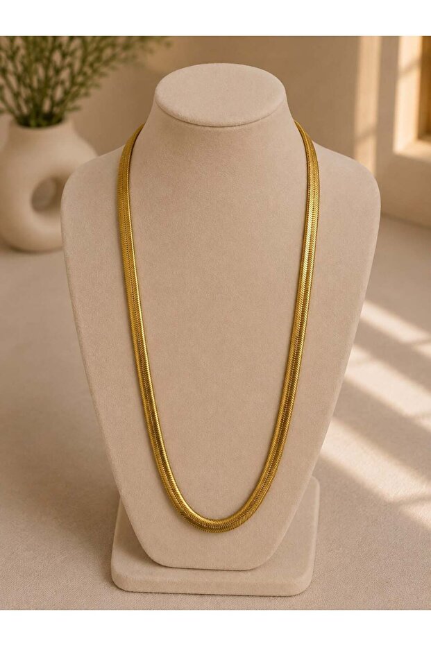 Gold Herringbone Long Chain Necklace