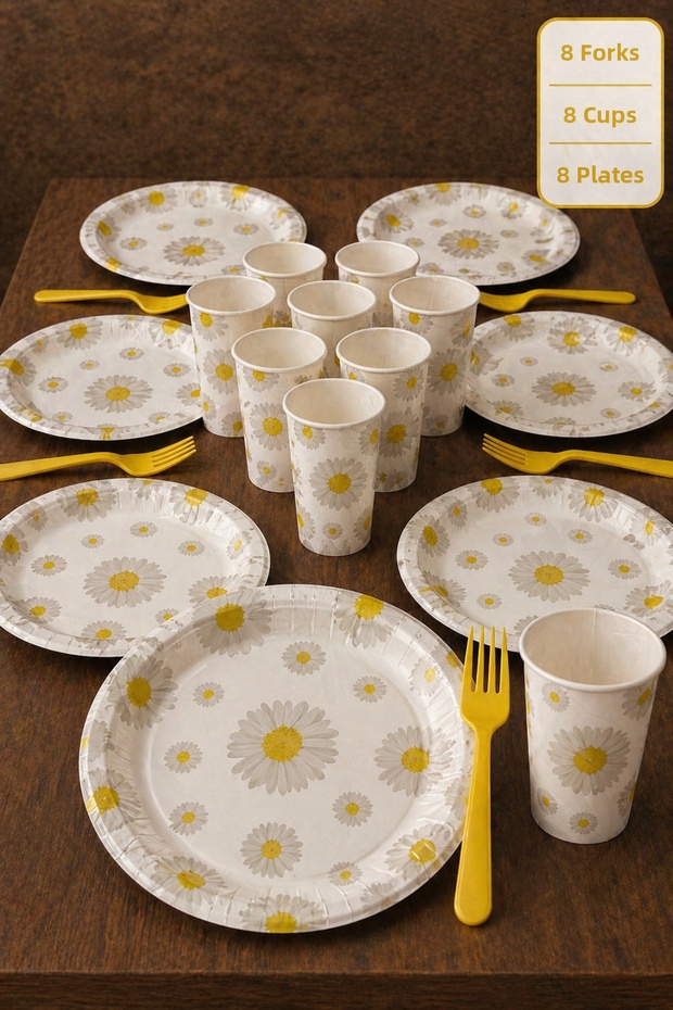 Daisy Patterned Birthday Party Set for 8 People – Cardboard Plate, Cup, and Cutlery Set