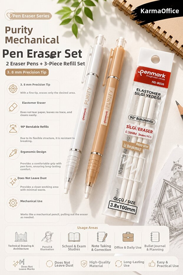 White and Orange Purity Mechanical Pencil Eraser Set 3.8 mm – 2 Eraser Pens + 3 Eraser Refills