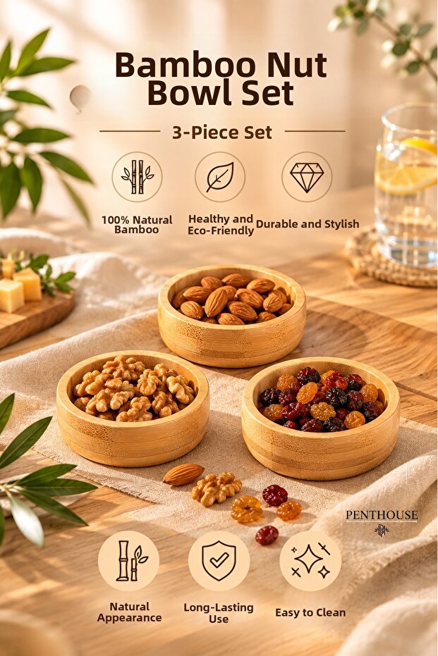 Bamboo Snack Bowl Set of 3 Natural Bamboo Sauce Bowl Breakfast Serving Bowl Round Bowl 9 cm