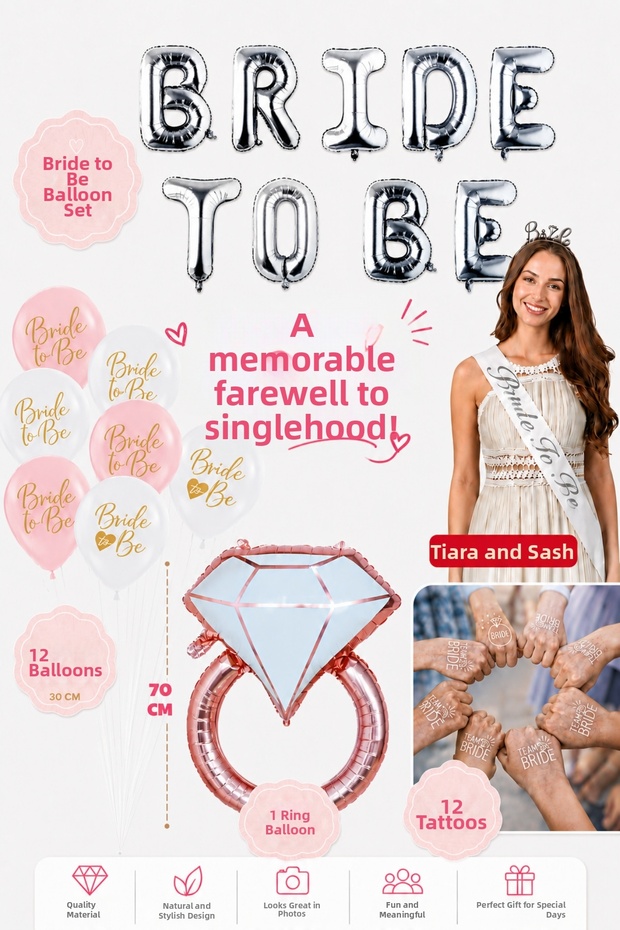 Bride to Be Foil Balloon Set Silver Bachelorette Party Set Ring Foil Balloon Crown Sash Tattoo Bride Party Room Decoration Set