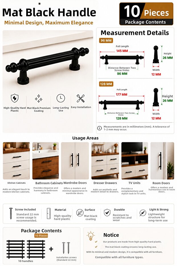Matte Black Decorative Furniture Handle 96-128 mm Cabinet Drawer Handle Hard Plastic Polymer Screw Included 10Pcs