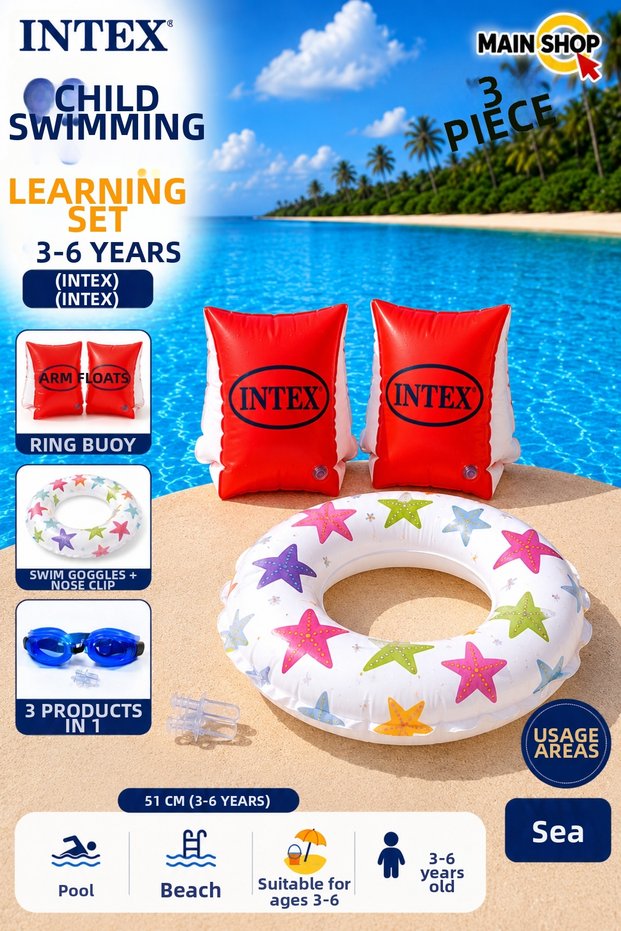 Intex 3-Piece Children's Sea Pool Set - Cute Patterned Swimming Ring, Armbands, and Swimming Goggles 3-6 Years Old M-59230-3Set