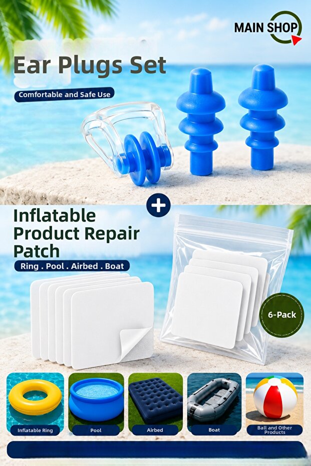 Earplugs, Nose Clips Set and Pool Bed Inflatable Product Repair Patch (Pack of 6) M-3