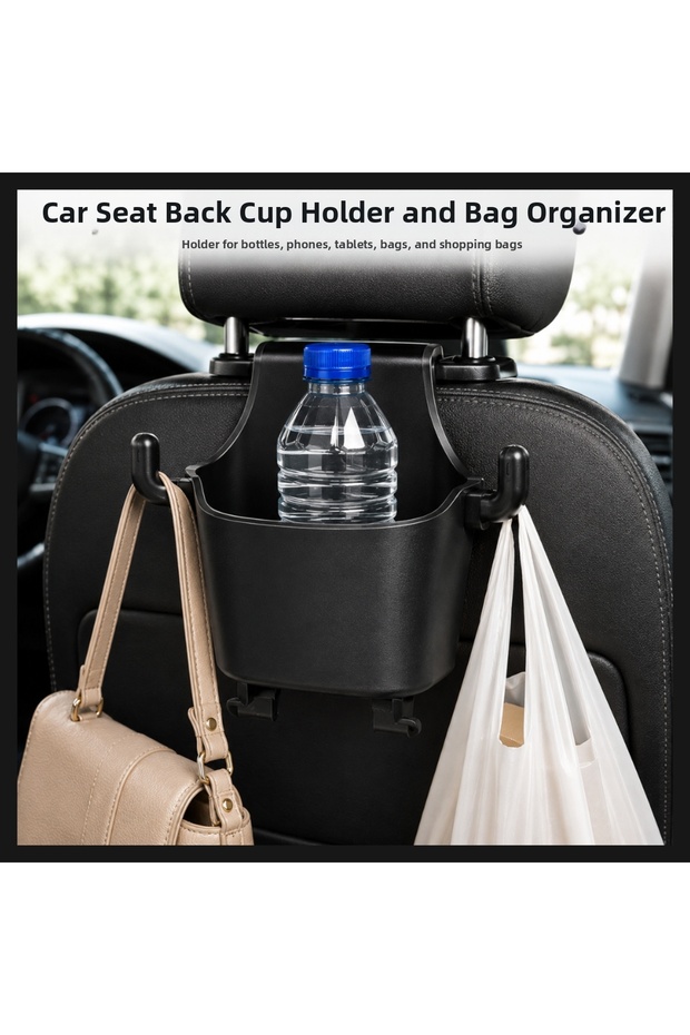 Car Seat Back Cup Holder and Hanger Organizer – Holder for Cups, Phones, Tablets, Bags, and Purses