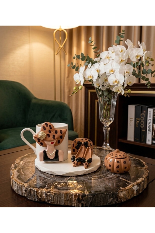 Handmade Leopard Woman Figurine Cup and Turkish Delight Bowl Decorative Presentation Set Gift Presentation