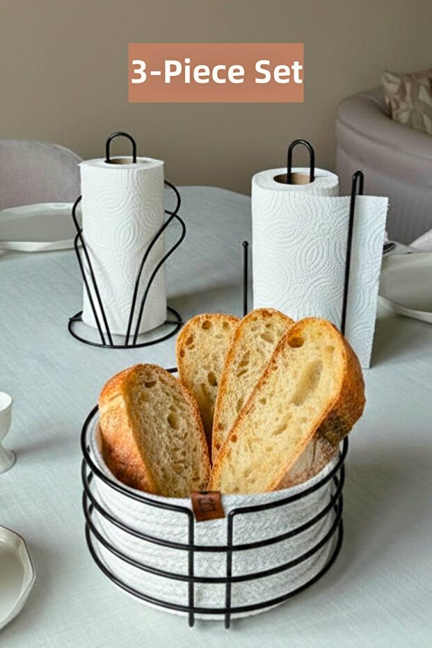 Set of 3 Black Swan Napkin Holder, Upright Paper Towel Holder, Round Bread Basket with Divider, Kitchen Set