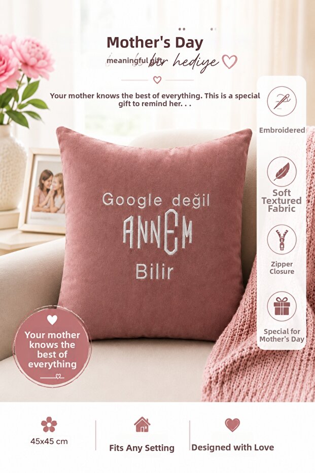 Mother's Day Gift: Not Google, Mom Knows Best - Embroidered Decorative Throw Pillow & Cushion 45X45 cm
