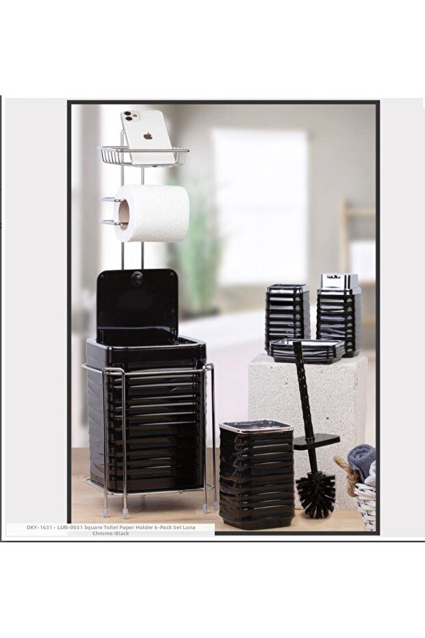 Luna Chrome/Black Square 6-Piece Bathroom Set Oky-1631