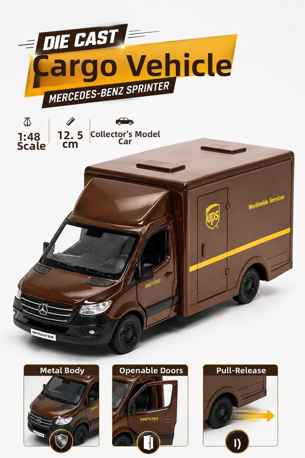 Die Cast Mercedes Benz Sprinter Ups Cargo Van 12.5cm – 1:48 Scale Metal Body with Opening Doors Pull-Back Collectible Model Car