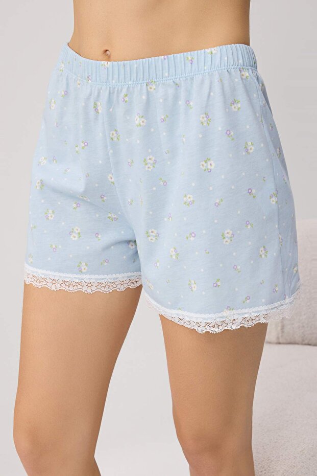 Mavi %100 Pamuklu Çiçekli Dantel Askılı Örme Pijama Takımı THMSS26PT00169 - 3