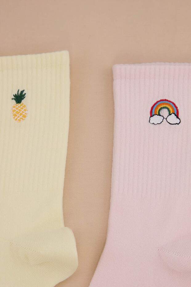 Pembe-Yeşil 2'li Pamuklu Nakışlı Ananas/Gökkuşağı Jakar Örme Çorap THMSS26CO00034 - 2