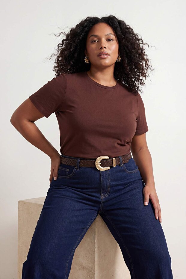 Kahverengi-Beyaz-Mavi 3'lü Paket Oversize Basic Büyük Beden T-shirt TBBSS26BF00025 - 6