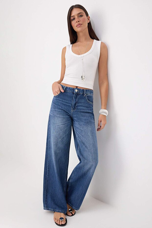 Premium Orta Mavi Özel Kumaş DÖKÜMLÜ Yüksek Bel %100 Pamuk Wide Leg Jeans TWOSS26JE00136 - 2