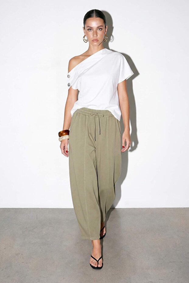 Haki Beli Lastikli Barrel Gabardin Pantolon TDRSS26PL00013 - 1