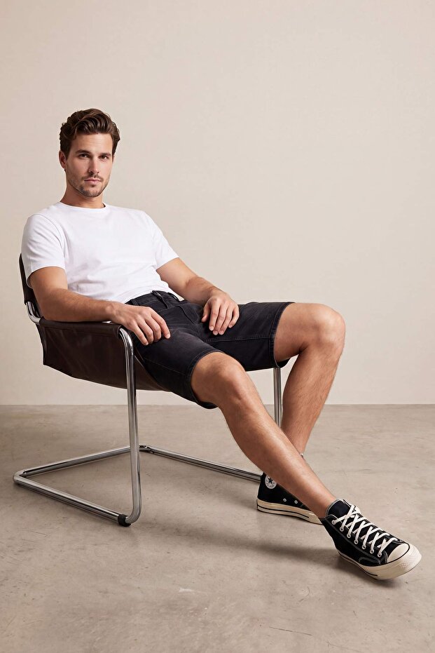 Siyah Regular Fit Boru Paça Esnek Erkek Denim Şort & Bermuda TMNSS26SR00033 - 2