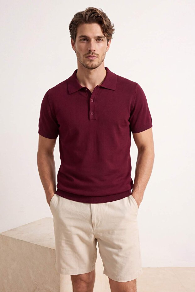 Bordo Regular/Normal Kesim Özel İplik Premium Basic Triko Polo Yaka T-shirt TMNSS26PO00044 - 3