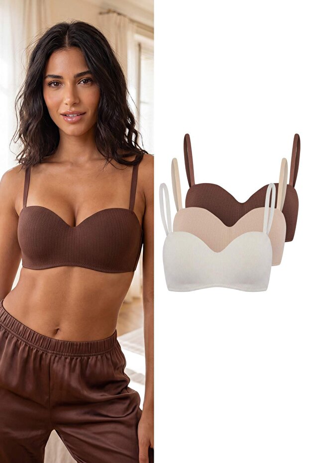 Brown-Multicolor 3-Piece Cotton Ribbed Covered Strapless Bra Thmss26Su00014