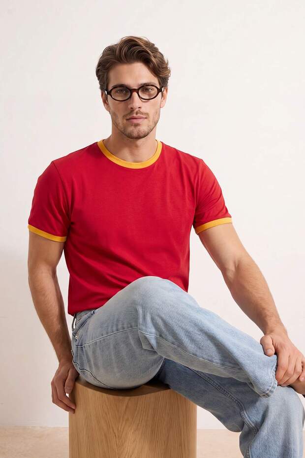 Kırmızı Düşük Omuz Regular Kalıp Şerit Detaylı %100 Pamuk T-Shirt TMNSS26TS00078 - 5