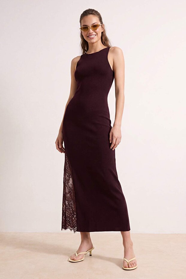 Bordo Düz Maxi Maxi Bisiklet Yaka Vücudu Saran Dantel Detaylı Triko Elbise TWOSS26EL00178 - 3