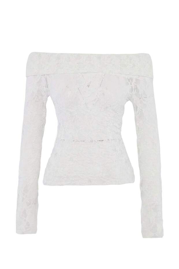 Ekru Fitted/Vücuda Oturan Carmen Yaka Dantel Esnek Örme Bluz TWOAW27BZ00020 - 1